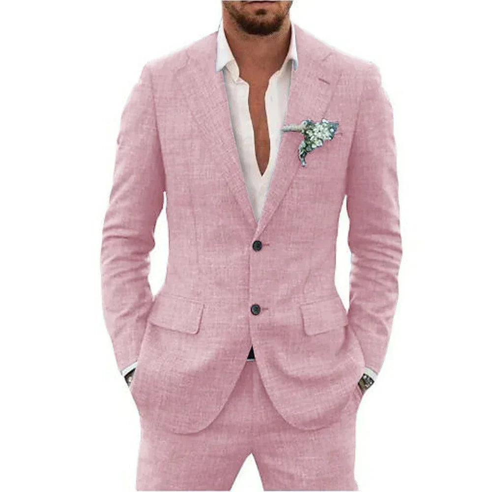 Terno de linho casual masculino, 2 peças, blazer, calça, conjunto slim fit, verão, praia, festa, casamento, baile, noivo, smokin