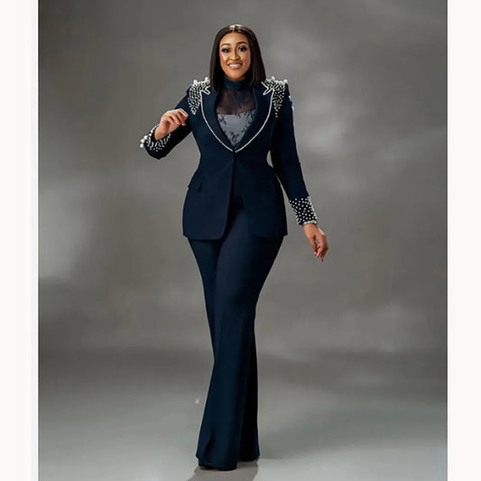 Fashion Women's Suits Plus Size Navy Blue Single-breasted Peak Lapel Two Pieces (Jacket+Pants) Beaded Party Prom Business Set