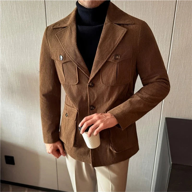 Autumn Winter Corduroy Medium Long Hunting Jacket Men's Fashion Thick Suit Jacket Casual Business Blazers Social Streetwear 2025