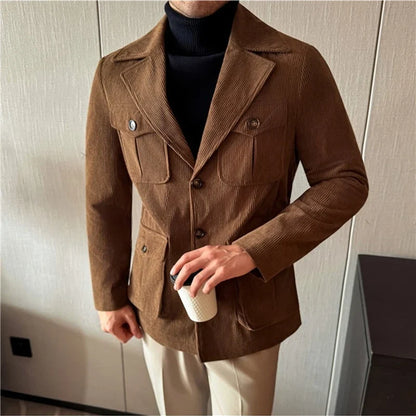 Autumn Winter Corduroy Medium Long Hunting Jacket Men's Fashion Thick Suit Jacket Casual Business Blazers Social Streetwear 2025