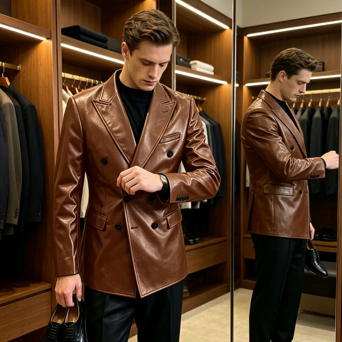 Vintage Men's Brown Leather Blazer Double Breasted Peak Lapel Slim Fit Suit Jacket High Quality Fashion Sport Coat Business Casu