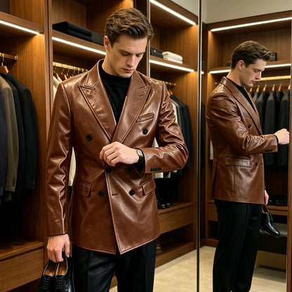 Vintage Men's Brown Leather Blazer Double Breasted Peak Lapel Slim Fit Suit Jacket High Quality Fashion Sport Coat Business Casu