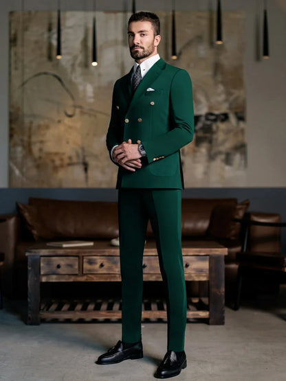 Green Formal Man Slim Fit Suits 2 Pieces Jacket Pants Birthday Party Wear Elegant Handsome Men's Suit Set Piano Performance Wear