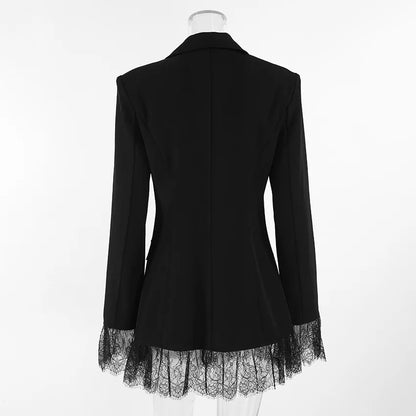 Elegant Black Lace Splice Long Sleeve Women's  Commute Style Fashion Design Polyester Fabric Business Casual Coat