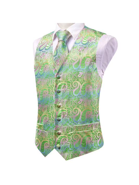 Men's Vest Set Gradient Paisley Jacquard Waistcoat with Necktie and Pocket Square for Weddings and Ceremonies