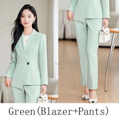 Elegant Green Apricot Black Ladies Pant Suit Women Female Business Work Wear Jacket and Trouser Blazer 2 Piece Set