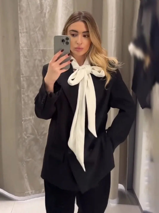 Women Fashion Double Breasted Pocket Lapel Design Black Blazer Coat Woman Long Sleeves Casual Loose Elegant Street Coat