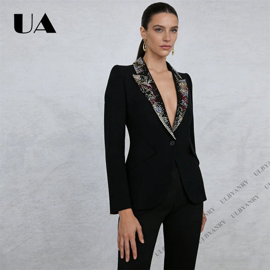 2026S Spring Women’s Black Suit Set Beaded Lapel Wrap Blazer Tailored Pants Work Date Event Set (Size S - XXL)