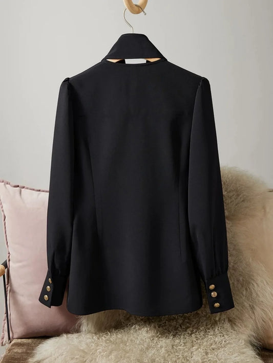 Women's Long Sleeve Tie Neck Blouse Elegant Button Down Office Work Shirt Classic Black Top with Pockets and Gold Buttons