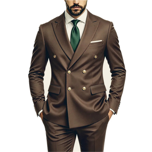 Men's Peak Lapel Double Breasted Golden Button Flap Pocket Business Commute Suit  Men Trending Luxury Formal Slim Fit Groom Suit