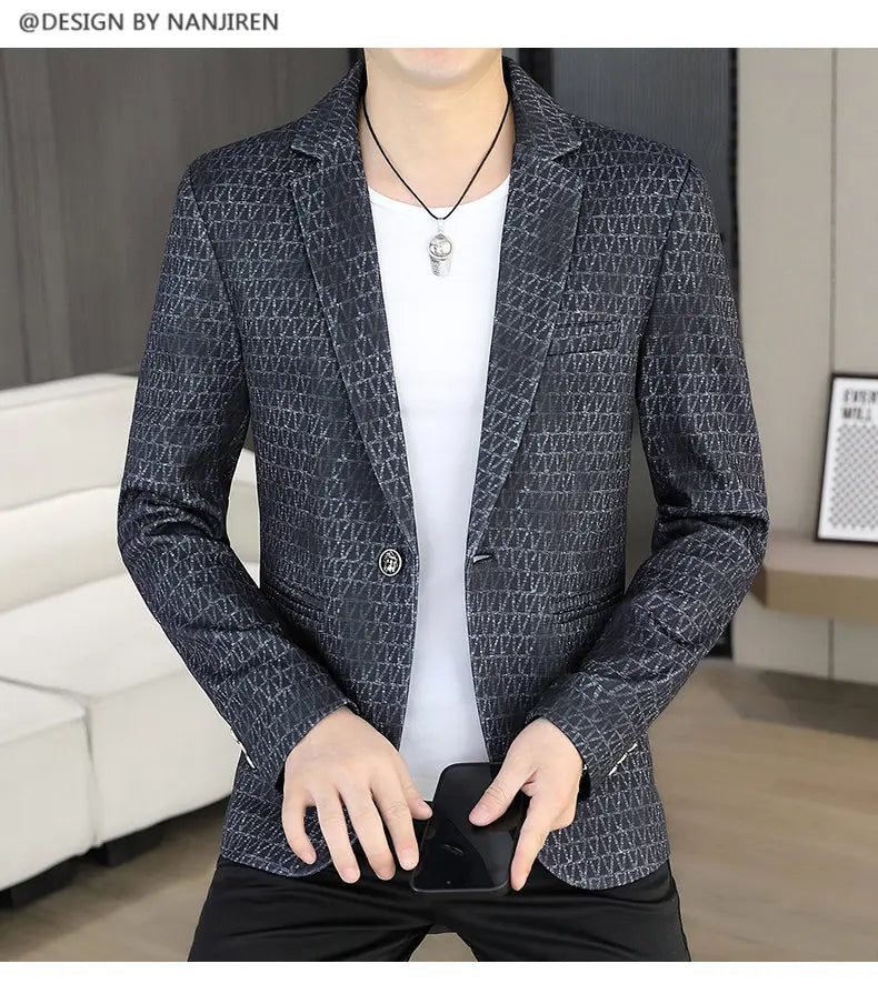 Korean Fashion Suit Jacket Men Slim Fit Geometric Printed Casual Business Blazers Autumn Social Groom Hairstylist Uniform Jacket