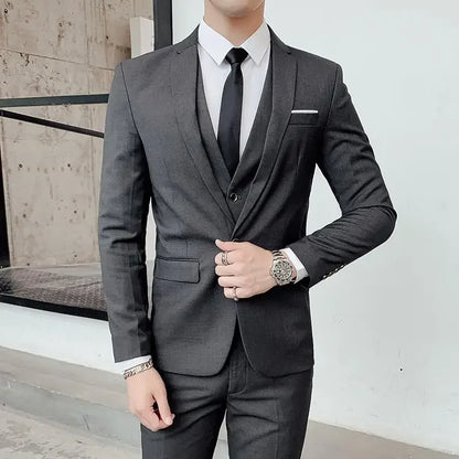 Men's Solid Color 3-Piece Suit – Slim Fit Blazer, Waistcoat & Trousers for Business, Dinner & Formal Occasions