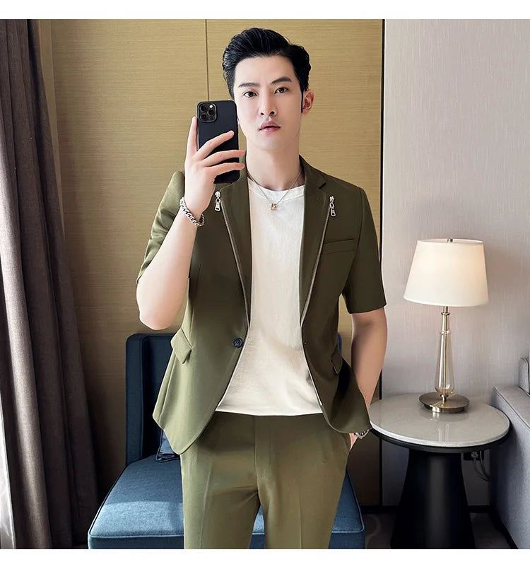 2023 Summer Zipper Decoration Blazers Men Casual Business Suit Jacket Slim Fit 3/4 Sleeve Streetwear Social Jacket Men Clothing