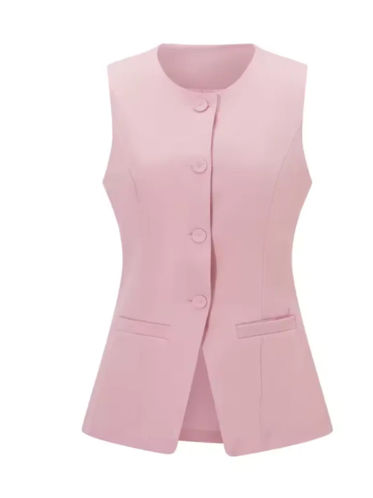 Women’s Vest Button Waistcoat Outwear Sleeveless Round Neck Solid Color Slim Fit Tops Chic  Casual Suit Vest Tops