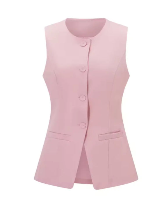 Women’s Vest Button Waistcoat Outwear Sleeveless Round Neck Solid Color Slim Fit Tops Chic  Casual Suit Vest Tops