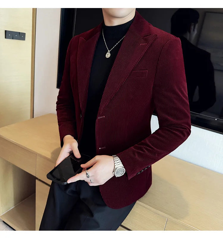 Autumn Winter New Corduroy Striped Suit Jacket Men High Quality Slim Fit Business Social Formal Suit Coats Tailcoat Men Clothing