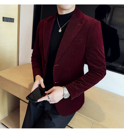 Autumn Winter New Corduroy Striped Suit Jacket Men High Quality Slim Fit Business Social Formal Suit Coats Tailcoat Men Clothing