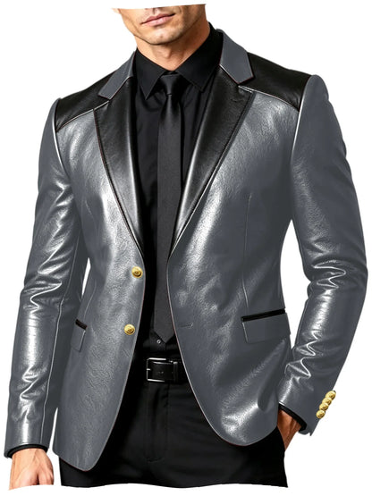 PU Leather Men's Suit Blazer Patchwork Style Wedding Groom Tuxedo Formal Office Prom Jacket High Quality Business Casual Coat