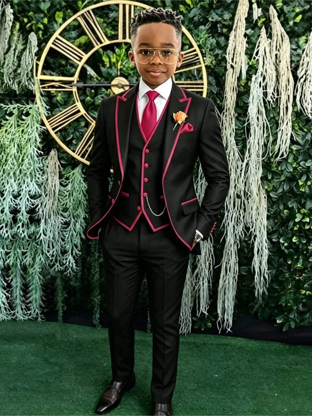 Hot Sale Boys Slim Fit Suits 3 Pieces Banquet Party Wear Smart Elegant Kids Suit Set Wedding Ring Bearer Outfit Plus Size Tuxedo