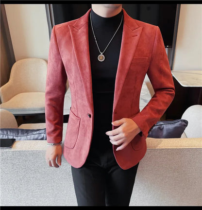 2024 Autumn Winter Men's Suede Suit Jacket High End Business Casual Blazers Slim Fit Wedding Groom Street Wear Social Dress Coat