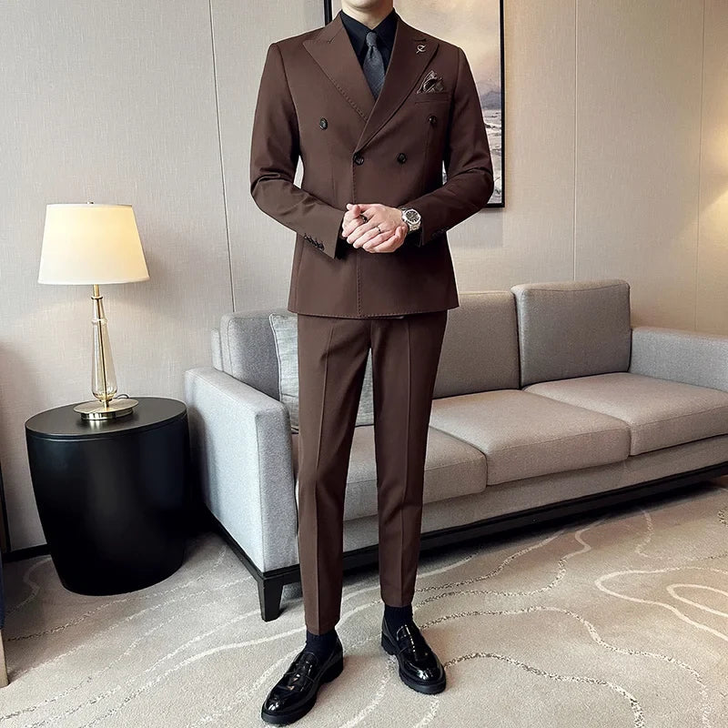 (Jackets +Pants ) Men's Suits 2 Piece High-Quality Double Breasted Lapel Solid Business Groom Wedding Tuxedo Banquet Clothing