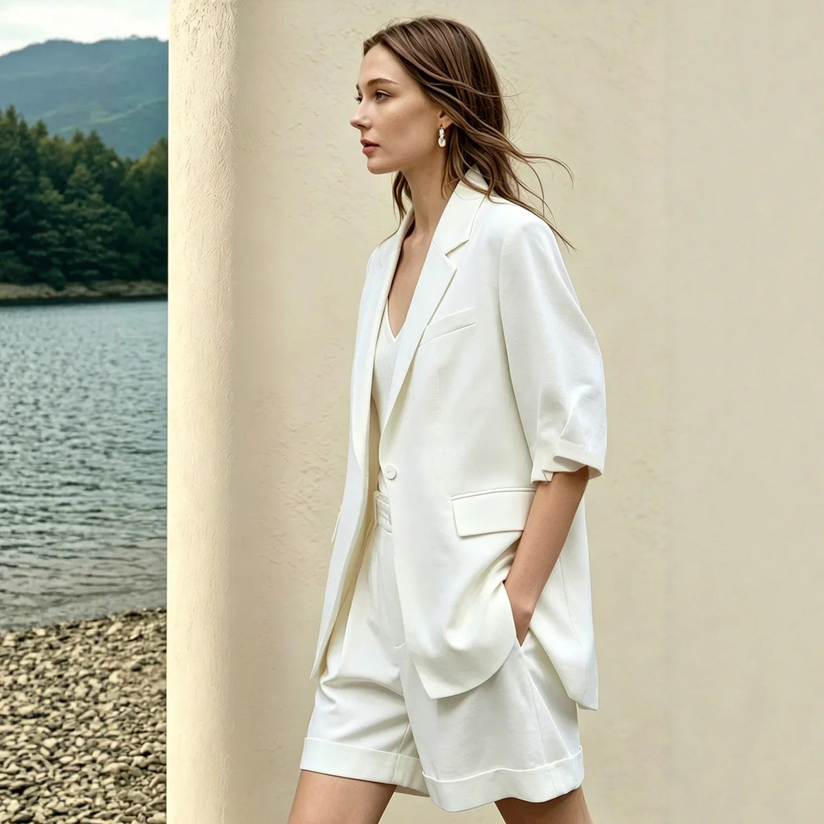 Women's Blazer 2026 Summer New Notch Lapel Linen Blend Pleated Half Sleeve Jacket Casual Office Midi Length Coat 12642184