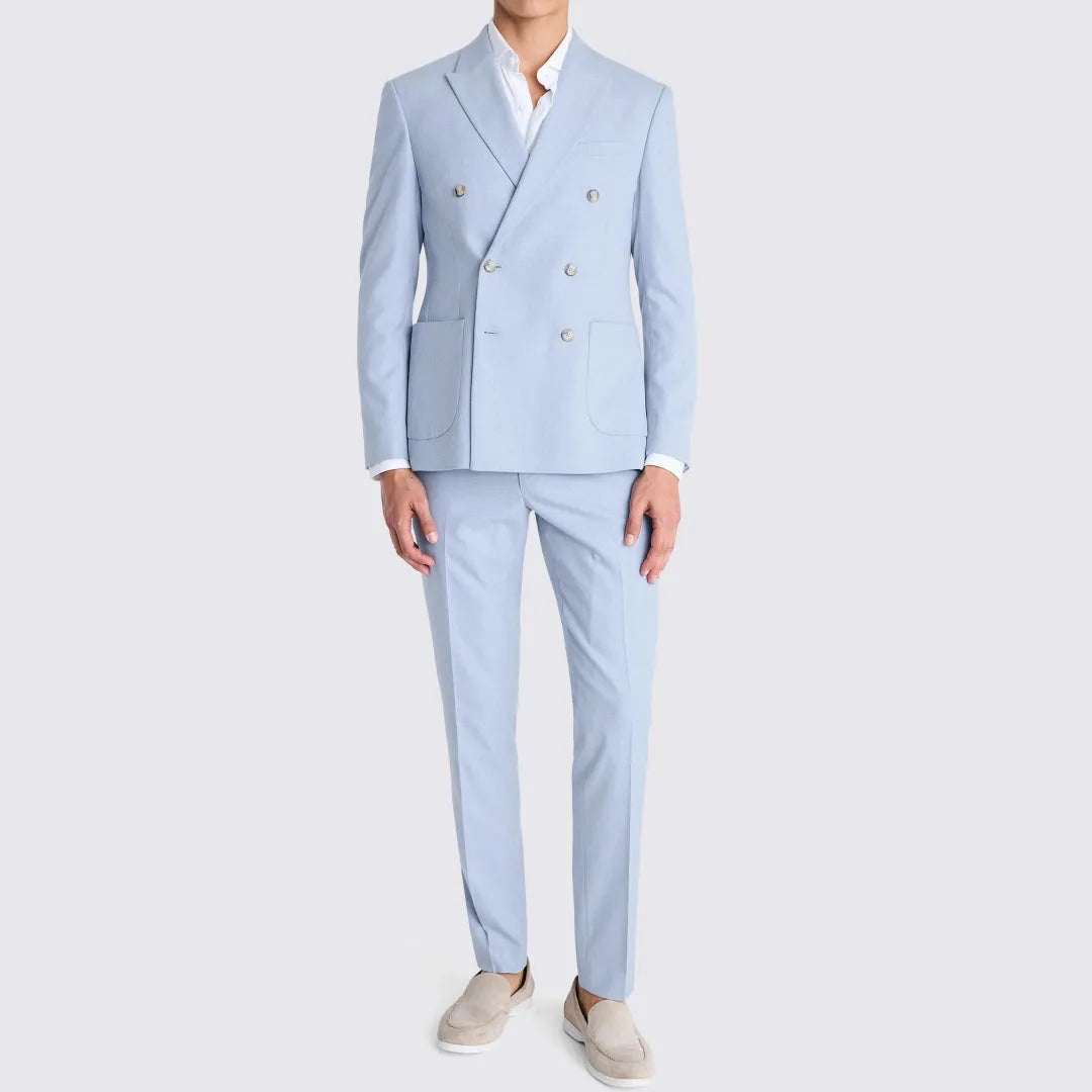 Men Suit 2 Pieces Sky Blue Double Button Solid For Wedding Banquet Birthday Party Business Work Office Daily Jacket And Pants