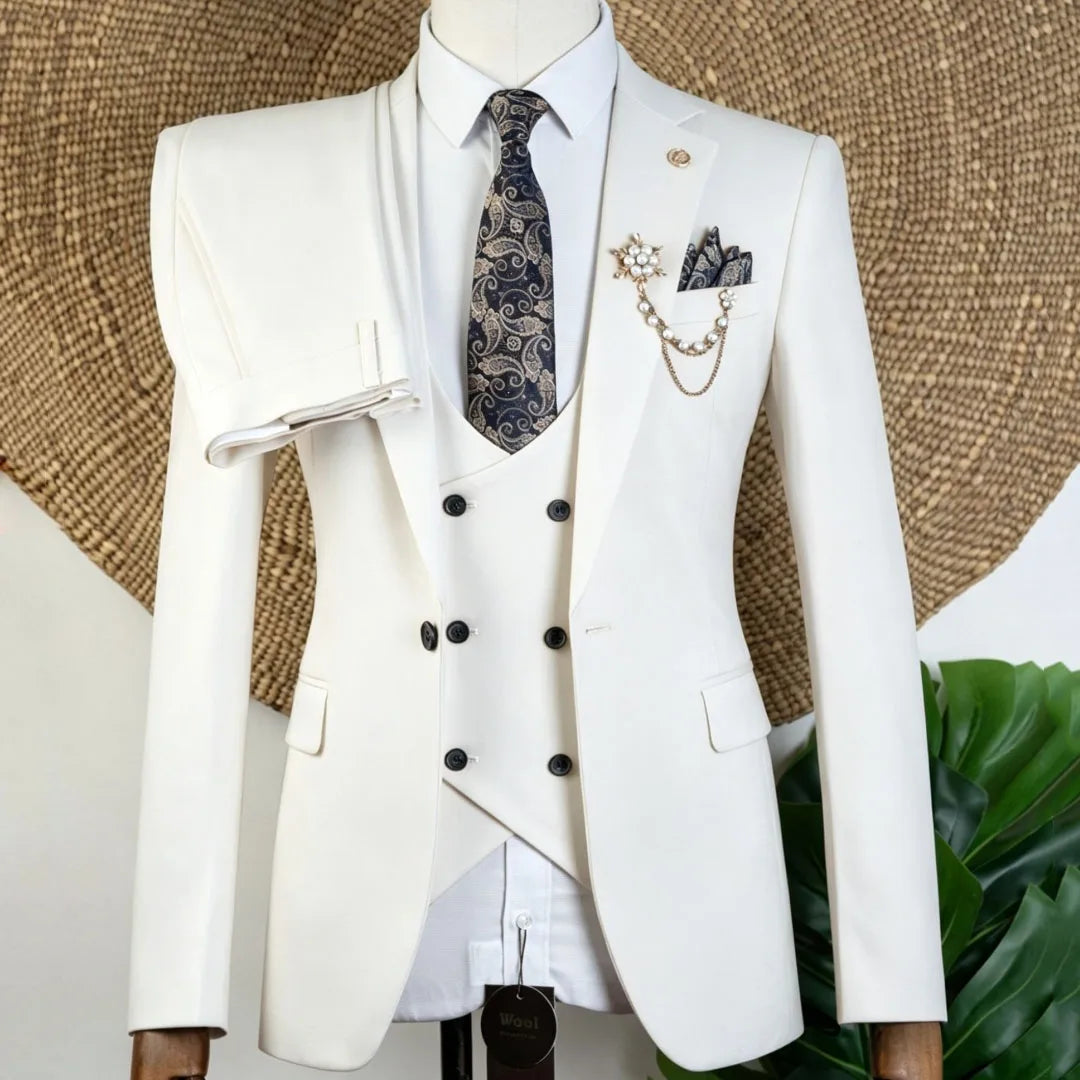 Men Suit Beige 3 Pieces Solid With Lapel For Wedding Groom Banquet Party Prom Business Work Office Daily Jacket Vest With Pants