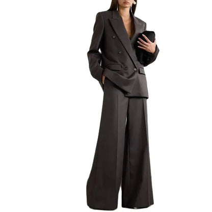 Chic Loose Dark Brown Double Breasted Women Pants Set High-end Female Two Pieces(Jacket+Trousers)أطقم بناطيل