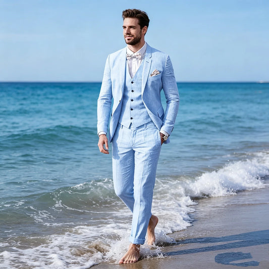Costume Homme Décontracté 3 Pièces Lin Beige/Bleu Revers Cranté Slim Fit Blazer Gilet Pantalon Haute Qualité Mariage Plage Été Bal