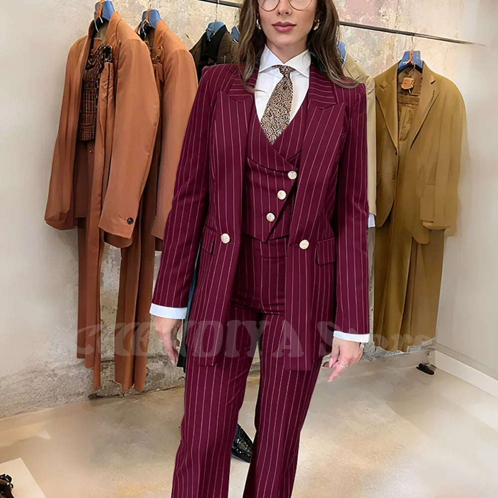 Navy Blue Striped Suit For Women Stylish Single Button Peak Lapel Elegant Outfit Business Meeting Office Formal Set Three Pieces