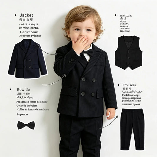 Toddler Boy Striped Formal Suit 4PCS Blazer Waistcoat Pants Bow Tie Kids Wedding Tuxedo Party Piano Performance Gentleman Outfit
