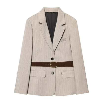 Women Khaki Striped Blazer Jacket Y2k 2000s Vintage Suit Coat Long Sleeve Single Breasted Oversize Outerwear Spring Autumn 2025