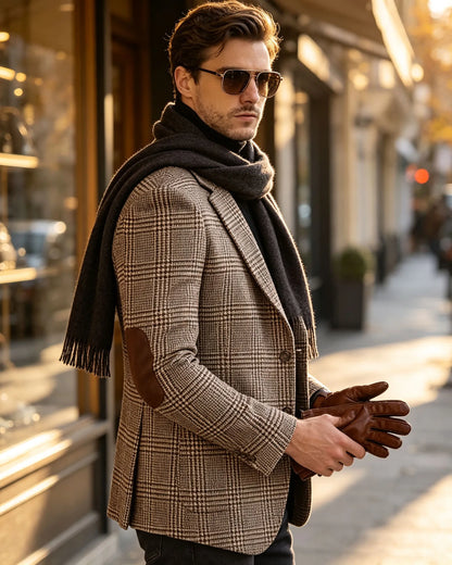 Vintage Wool Blend Plaid Men's Jackets Notched Collar Slim Fit Single Breasted Blazers With Suede Elbow Patches Business Casual