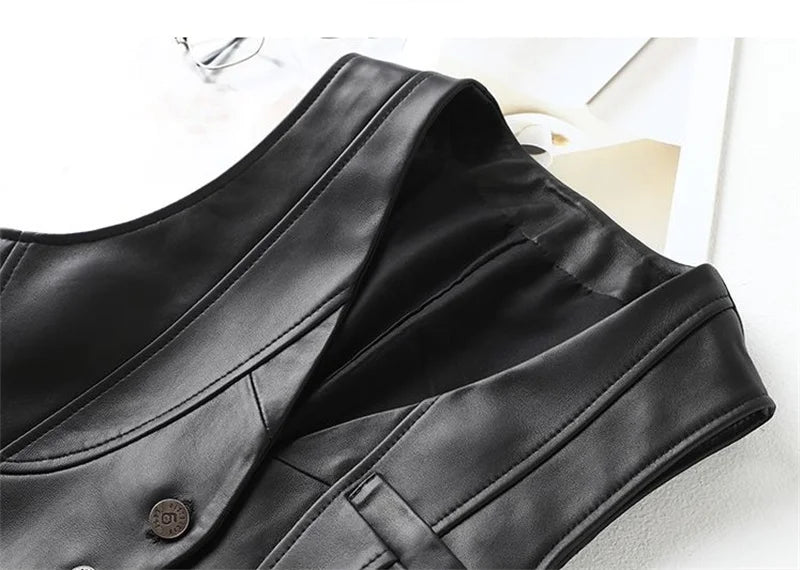 2024 New Spring Women's Casual V-neck Button Imitation Leather Fine Cut Black Vest Female Waistcoat Sleeveless Jacket
