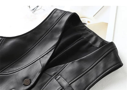 2024 New Spring Women's Casual V-neck Button Imitation Leather Fine Cut Black Vest Female Waistcoat Sleeveless Jacket