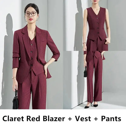 Formal Office Lady Slim Fit 2 Piece Suits Autumn Dark Brown Single Button Blazer And Pants Elegant Business Female Work Wear
