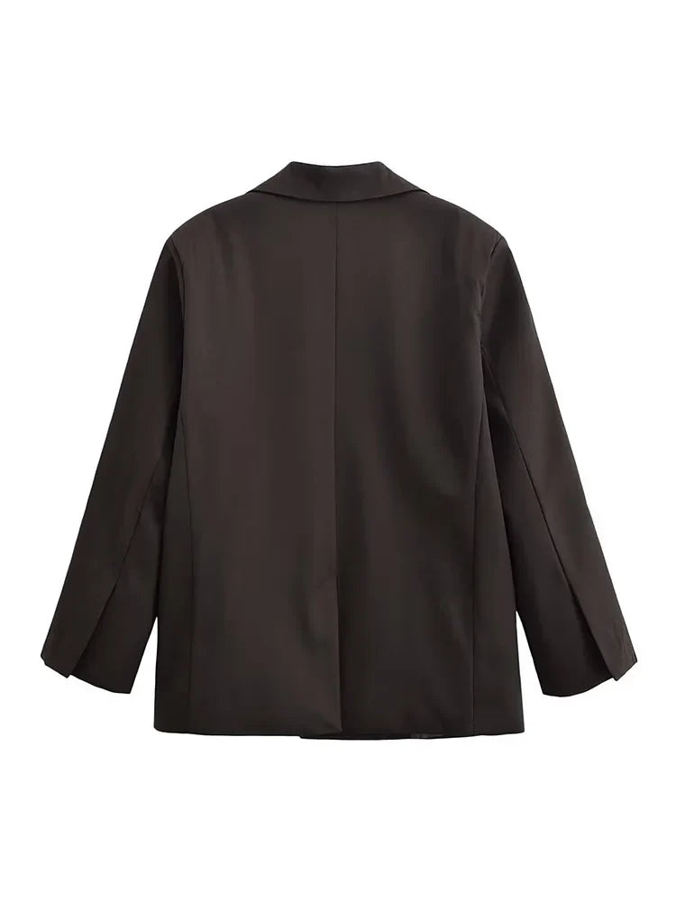 Autumn Women Fashion Solid Blazer Female High Street Pockets Turn-down Collar Single Button Commuter Casual Long Sleeve Coat