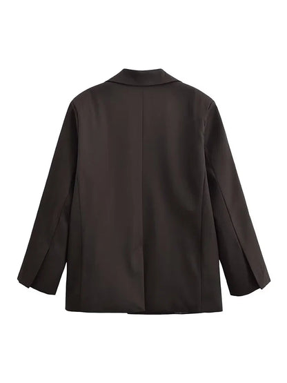 Autumn Women Fashion Solid Blazer Female High Street Pockets Turn-down Collar Single Button Commuter Casual Long Sleeve Coat