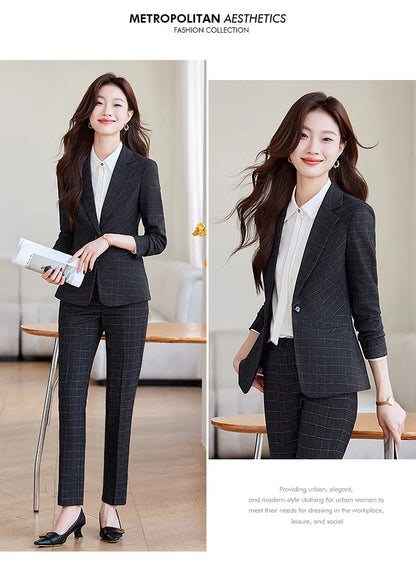 2024 Spring Autumn New Retro Plaid Elegant Blazer Coat And High Waist Pencil Pant Two Piece Set Women's Suit Business Clothing