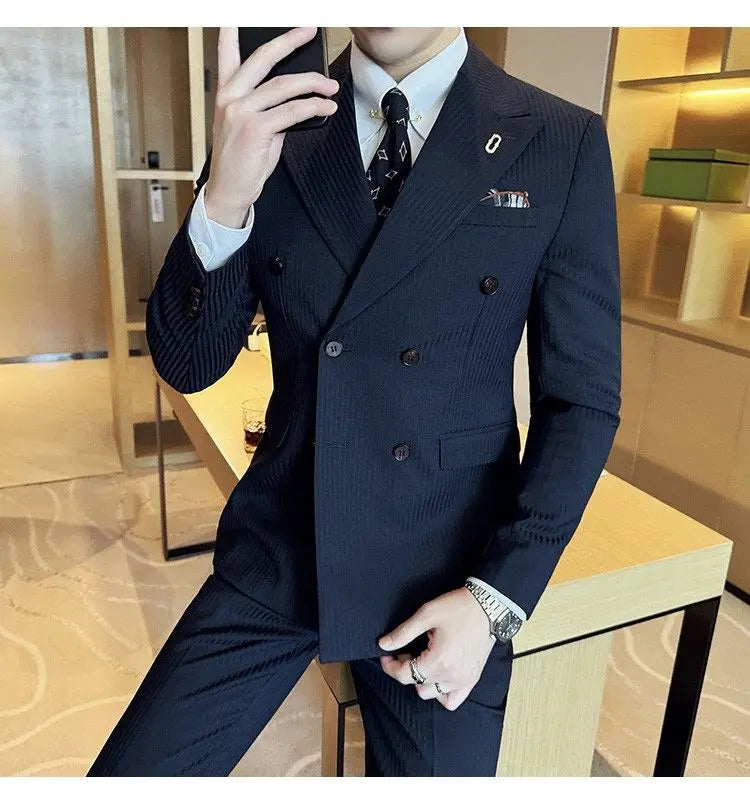 Korean Slim Fitt Wedding Suit Fashion Striped Double Breasted Suit 3 Piece Set Business Formal Casual Party Prom Host Suits