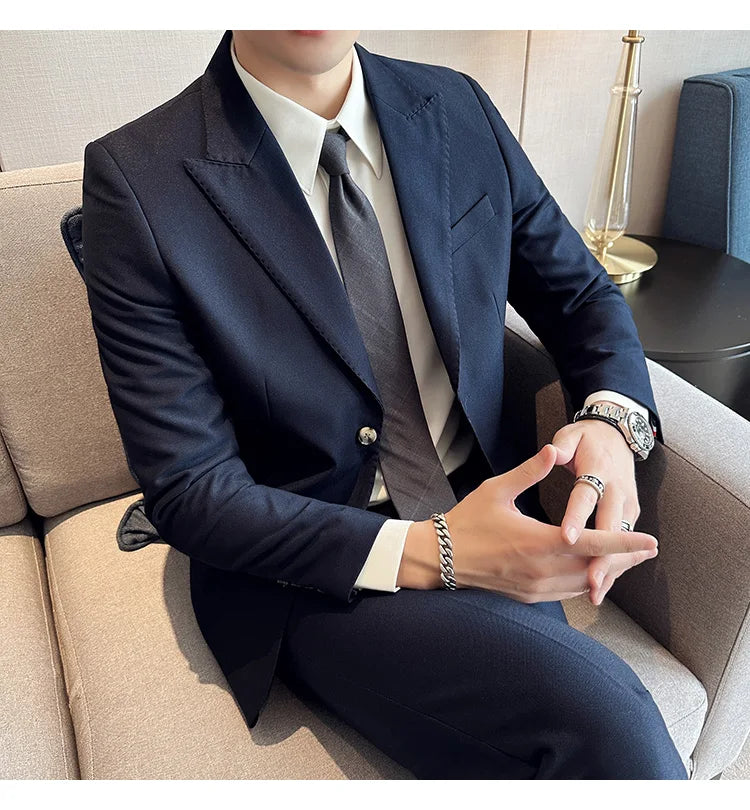 Jacket + Pants 2 Pieces Men's Elegant Fashion Slim Fit Suits Formal Business Wedding Tuxedos Casual Gentleman Solid Dress Suit