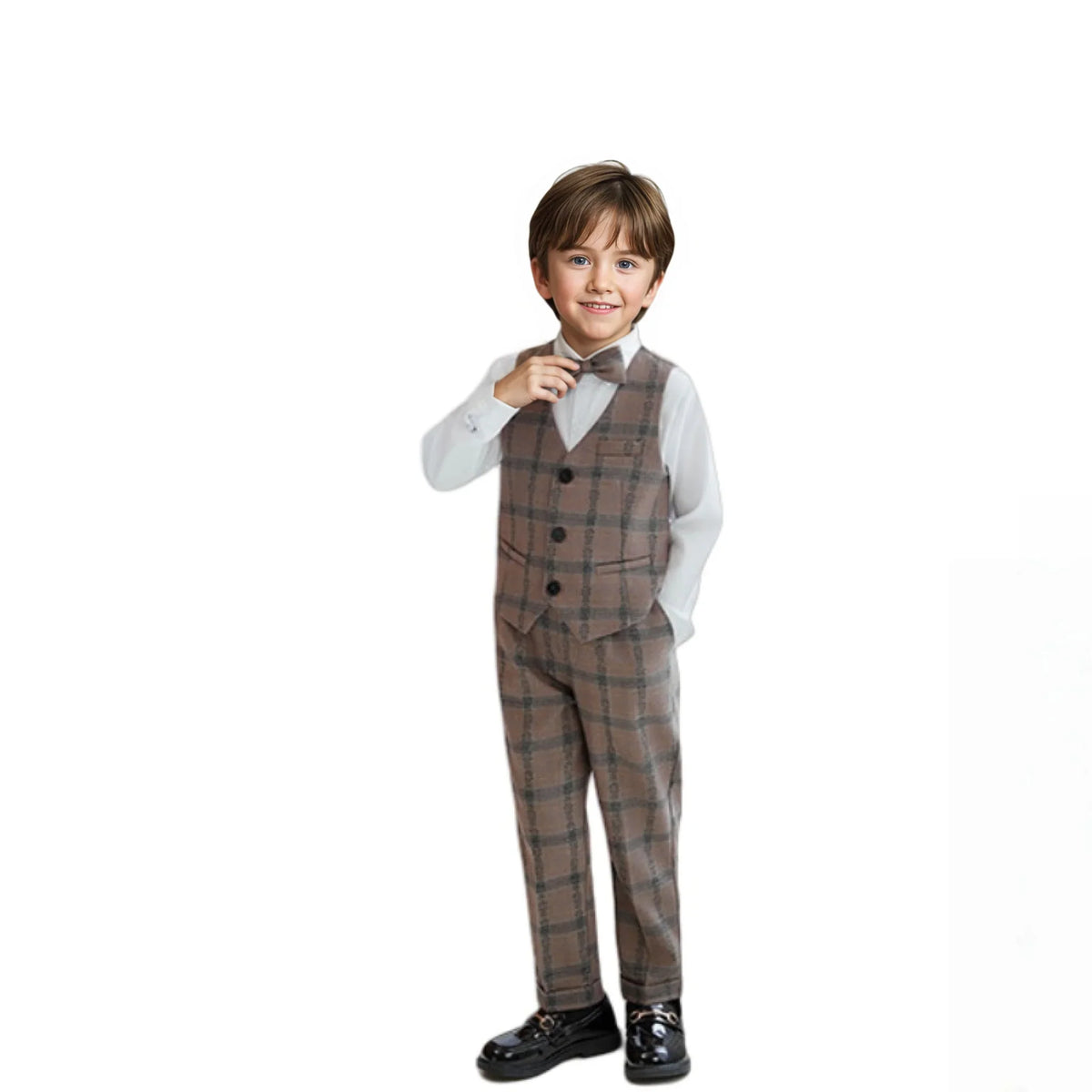 Boys 4Pieces Brown Plaid Wedding Outfit With Jacket Vest Pants Bowtie Kids Formal Wear for Piano Host Speech Performance