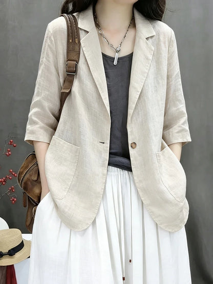 2026 New Summer Casual Cotton Linen Short Coat Women's Pure Color Suit Top Versatile Loose Fit Thin Material Seven Sleeve