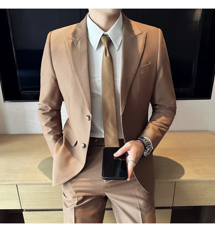 Jacket + Pants 2 Pieces Men's Elegant Fashion Slim Fit Suits Formal Business Wedding Tuxedos Casual Gentleman Solid Dress Suit