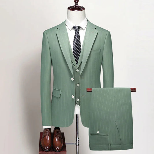 Men's Three-Piece Suit Slim Fit Single Breasted Grass Green Wedding Blazer with Vest and Trousers