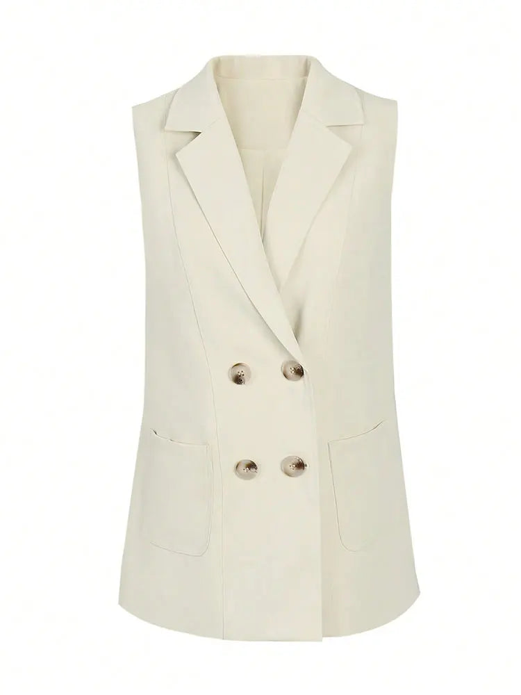 Fashion Double Breasted Suit Vest Women Clothes With Pocket Back Belt Slim Elegant Tops Coat Formal Occasion Sleeveless Jackets