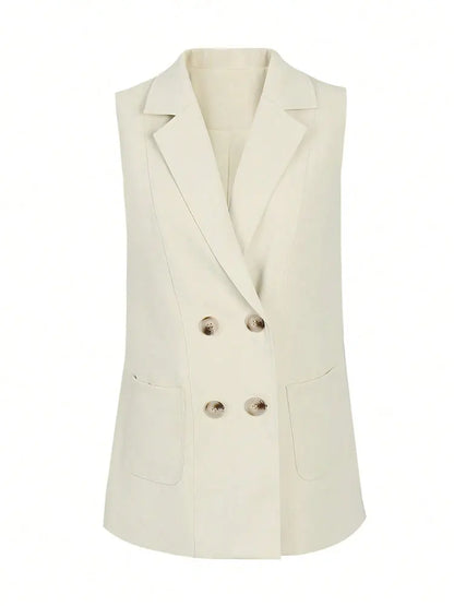 Fashion Double Breasted Suit Vest Women Clothes With Pocket Back Belt Slim Elegant Tops Coat Formal Occasion Sleeveless Jackets