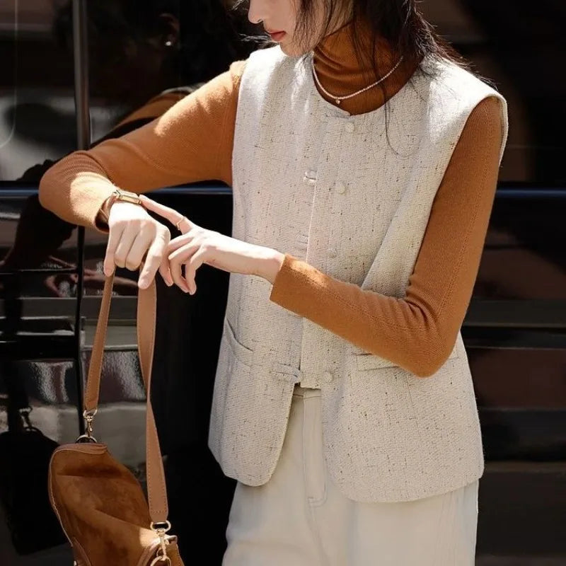 Women's Vest New Fashion Retro Chinese Vest Coat New Small Fragrant Vest Female Tops Sleeveless Jacket Chaleco Mujer Outerwear