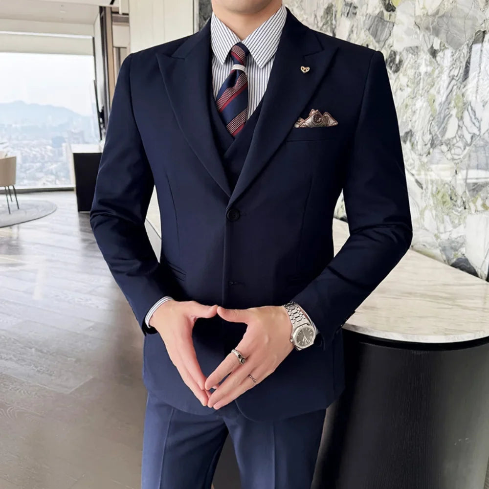 Men's 3 Piece Slim Fit Business Suit Groom Tuxedo With Double Breasted Blazer Vest And Pants For Wedding Party